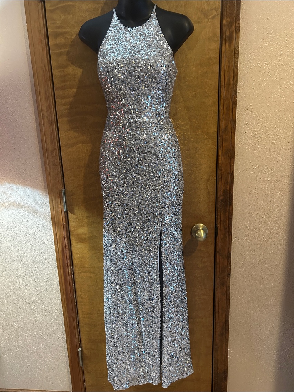 B Darlin Silver Sequin Halter Prom Gown